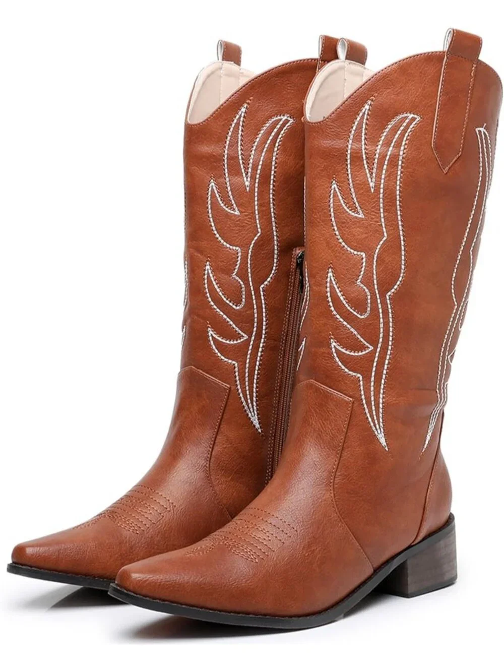 Women's Dark Brown Cowboy Mid Calf Side Zipper Chunky Heel Fashion Leather Boots